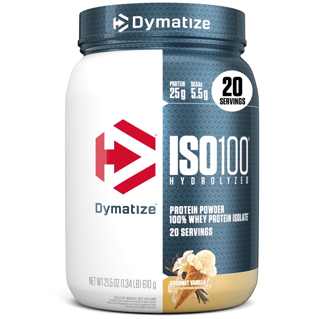 Dymatize ISO100 Whey Pulbere de proteine Izolat, Gourmet Vanilla, 25g de proteine, 5,5g BCAAs, mai puțin de 120 Cal., Gluten gratuit, 1g Fat, 1g Zahăr, 2g Carb (20 Serviri)