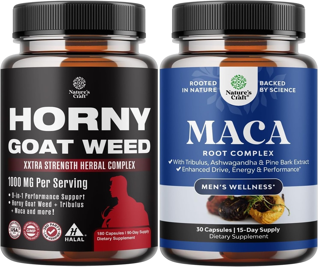 Bundle of Horny Goat Weed with Black Maca Root, Tongkat Ali, Saw Palmetto & Panax Ginseng extract for Stamina & Energy and Black Maca Root with Siberian Ginseng Ashwagandha - Mens Wellness Supplement