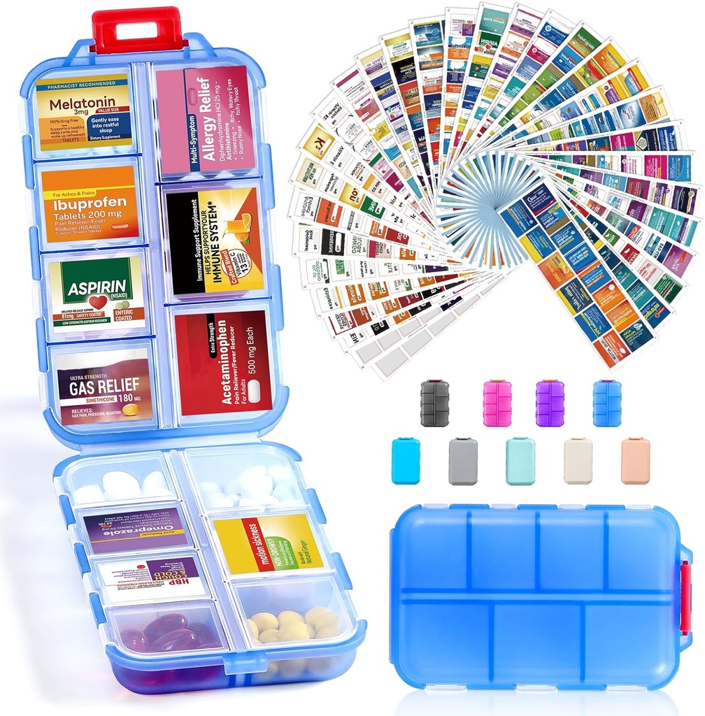 14 Grids Travel Pill Organizator Box cu 415-Pcs Medicamente Nume Etichete - Pocket Daily Pharmacy Case Kit - Deținătorul de medicamente de călătorie Dispenser pentru ulei de pește Suplimentul de stocare - Albastru clar