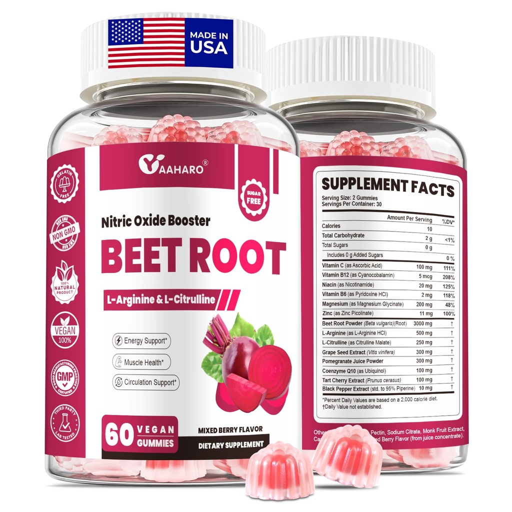 Sfeclă Root Gumries - Suplimente de oxid de azot pentru bărbați și femei cu rădăcină de sfeclă, L-Citrulină & L-Arginină - Inimă, Muscle & Circuulație - Sugar Free, Vegan, Amestecat Aroma de Berry, 60 Gume