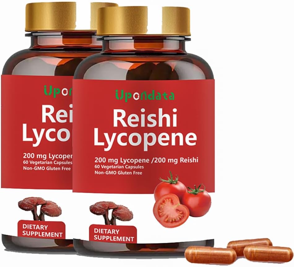 Capsule de lycopene, Licopen natural 200 mg cu Reishi Organic Mushroom 200 mg Supliment pentru sănătate prostată şi suport imunitar - Gluten-Free, non-GMO, 60 capsule (2 ambalaj)