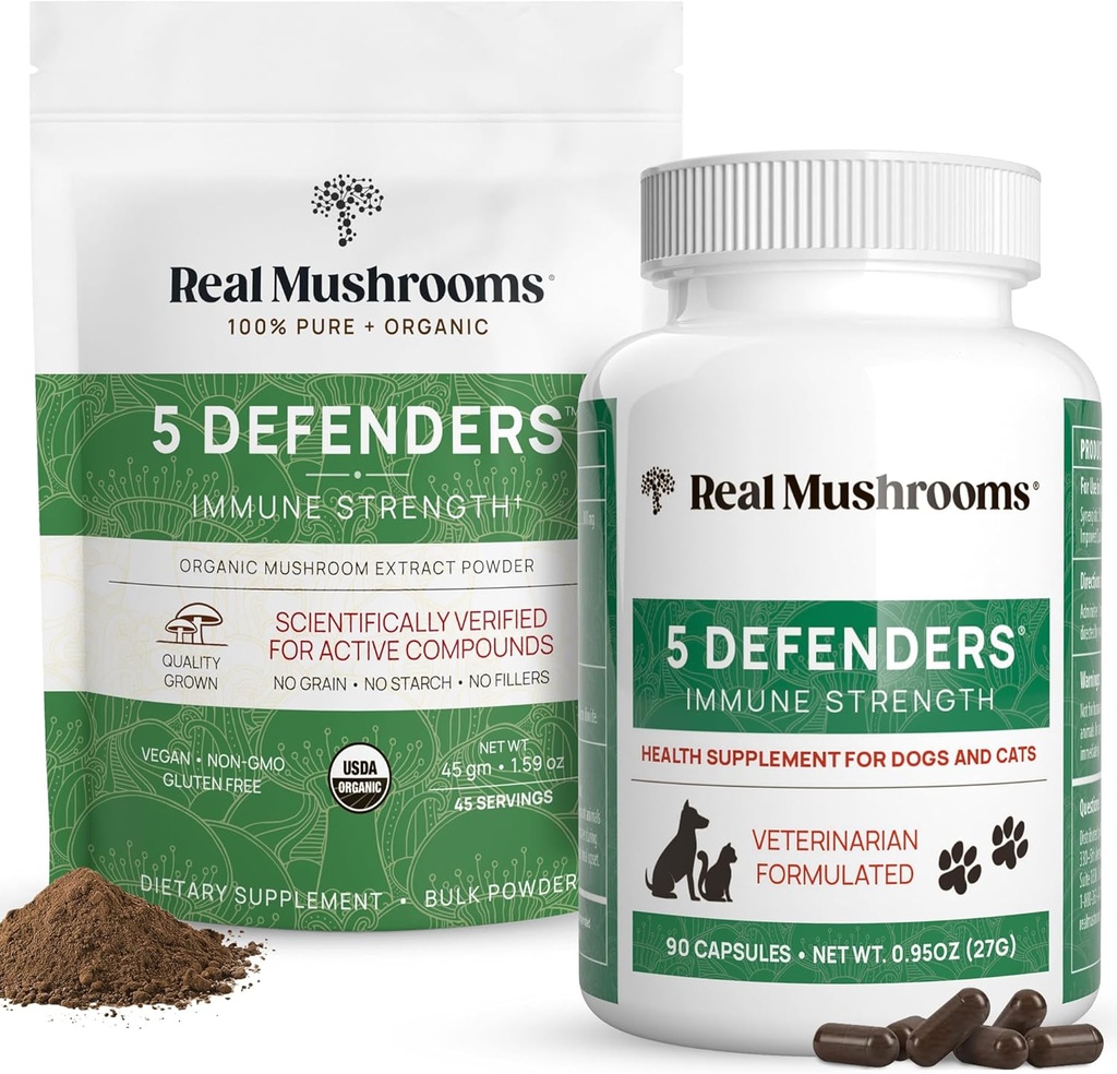 Ciuperci reale 5 Apărători pentru oameni (45g) & Animale de companie (90ct) - Pouch & Capsules Bundle - Chaga, Shiitake, Maitake, Turcia Tail & Reishi Mushroom - pentru Immune Putere & Global Wellbeing - Vegan, Non-GMO