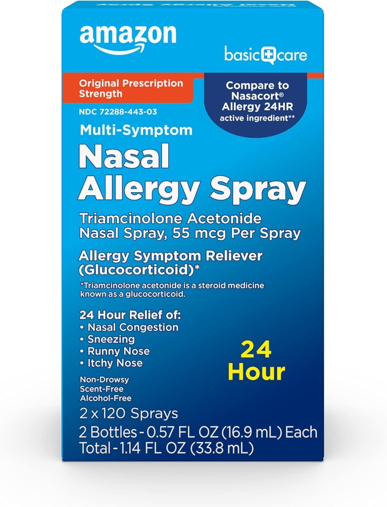 Amazon Basic Care Multi-Symptom Triamcinolone Acetonide Nasal Alergia Spray, 55 mcg, 0.57 fl oz (Pachet de 2)