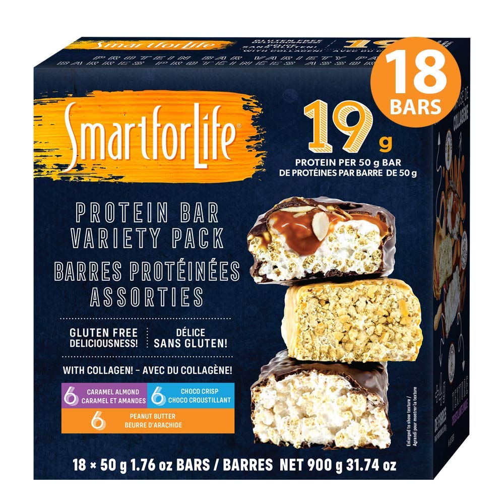 Inteligent pentru viață - Proteină ridicată, Sugar Bar Pack Variety, Gluten Caramel Almond gratuit, Ciocolată și unt de arahide batoane de schimb de masă funcționează cu Cookie Diet Non-GMO 18ct
