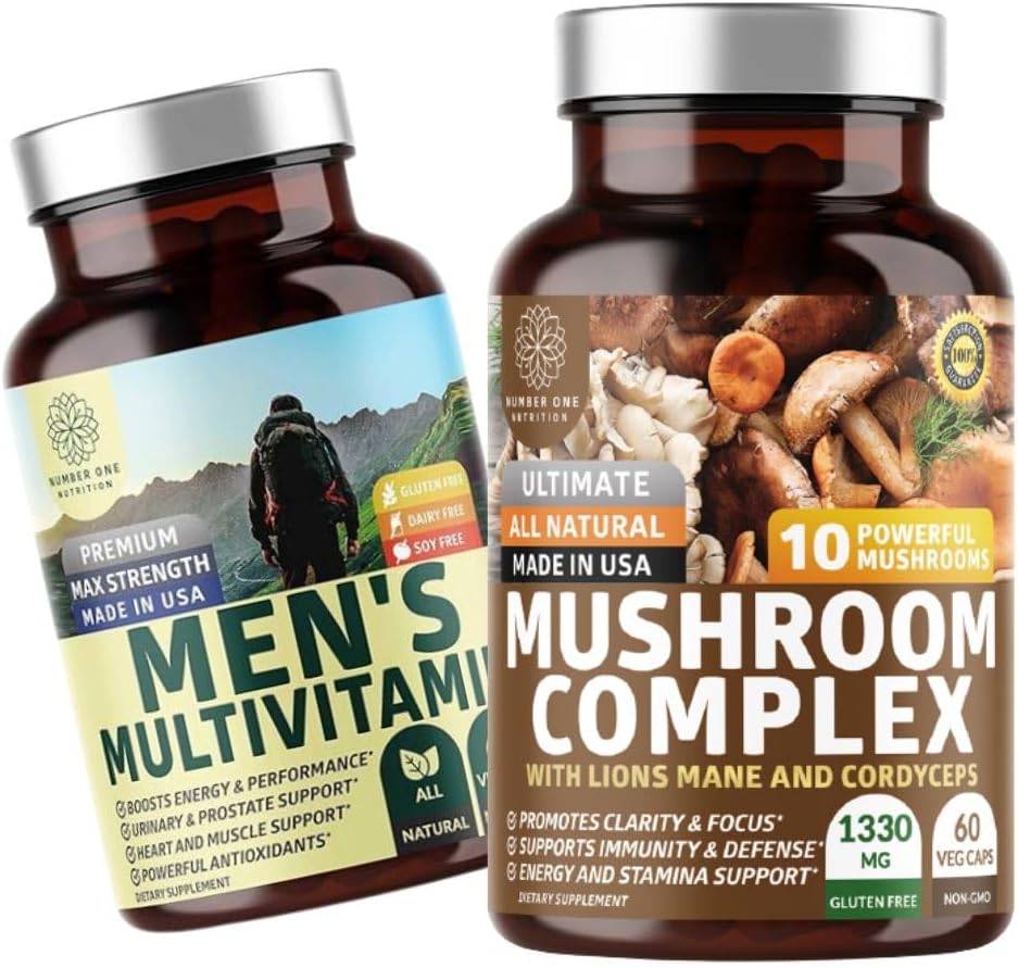 Number One Nutrition N1N Premium Mushroom Complex [10X Ciuperci puternice] și Men's Daily Multivitamine [35 Ingrediente potente], 2 Pack Bundle
