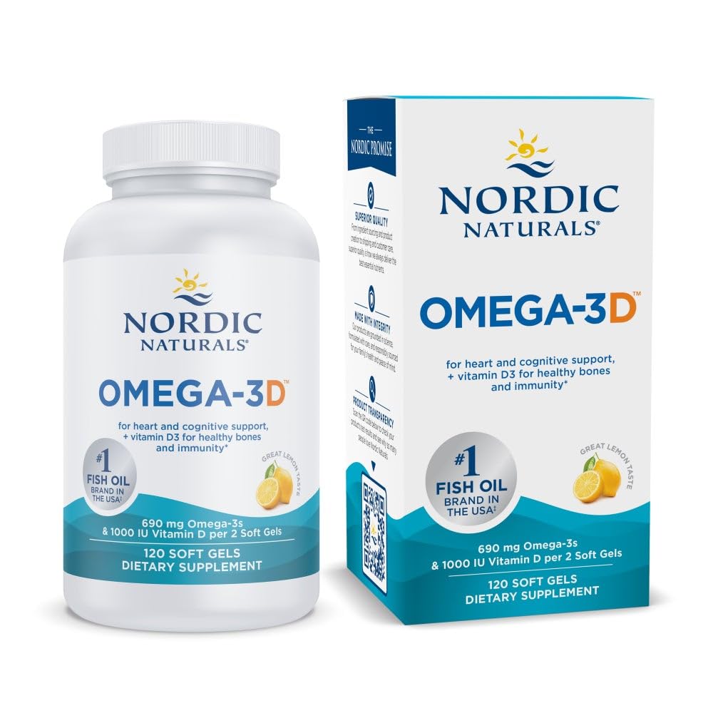 Nordic Naturals Omega-3D, Lemon Flavor - 120 Gels moi - 690 mg Omega-3 + 1000 UI Vitamina D3 - Ulei de pește - EPA & DHA - Suport imun, Brain & Heart Health, Oase sănătoase - Non-GMO - 60 Servings