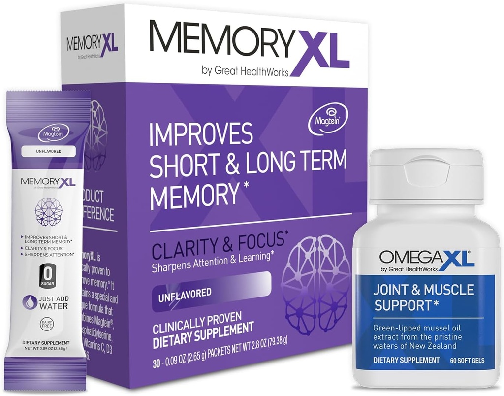 Supliment de suport comun OmegaXL, pentru ajutor - Suport muscular natural, ulei Mussel cu vârf verde, 60 Conte & MemoryXL, Magneziu L-Treonat: Suplimentul cerebral pentru memorie & Focus 30 Pack fără aromă