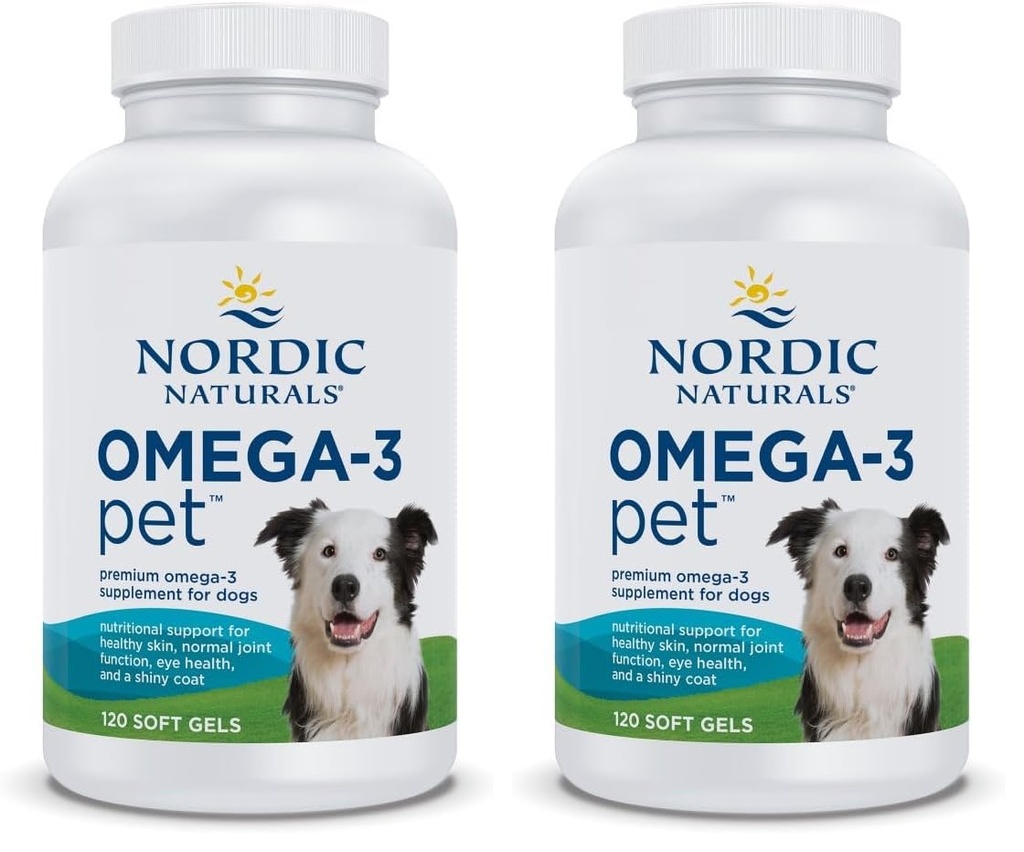 Nordic Naturals Omega-3 Pet, Nearomated - 120 Soft Gels - 330 mg Omega-3 Per Soft Gel - Ulei de pește pentru câini cu EPA & DHA - Promovează inima, pielea, haina, și sănătatea imună (Pachet de 2)