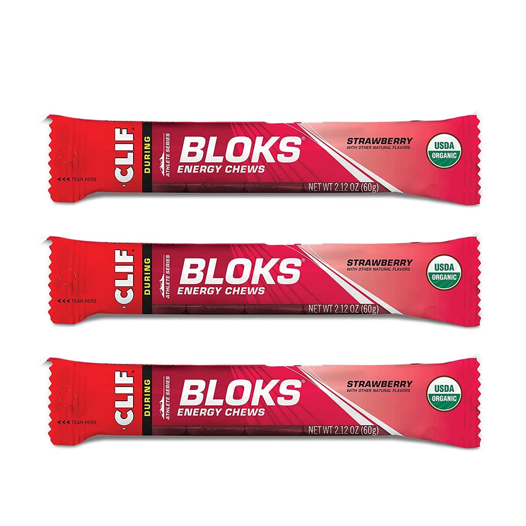 CLIF BLOKS - Energy Chews - Strawberry- Non-GMO - Plant based Food - Fast Fuel for Cycling and Running- Workout Snack (2.1 Ounce Packet, 3 Count)