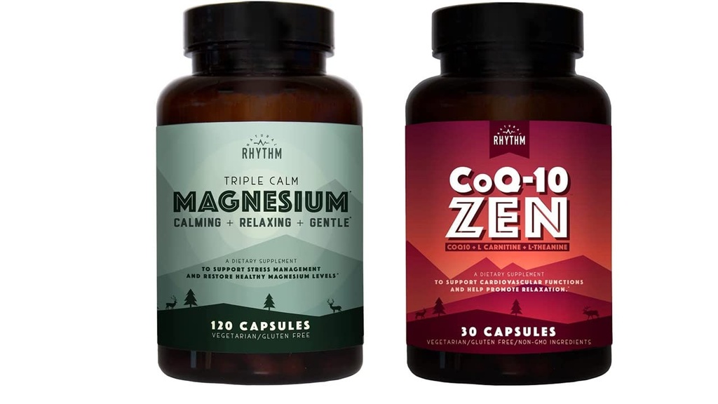 Rhythm Natural Cardio Calm Bundle - Triple calm Magneziu 150 mg, 120 capsule + CoQ10-ZEN (Coenzima Q10 + L-Carnitina + L-Theanină), 30 capsule