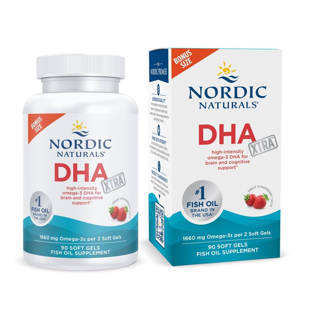 Naturale nordice DHA Xtra, căpșuni - 90 Geluri moi - 1660 mg Omega-3 - Formula DHA de mare intensitate pentru Brain & Sistem nervos - Non-GMO - 45 Serviri