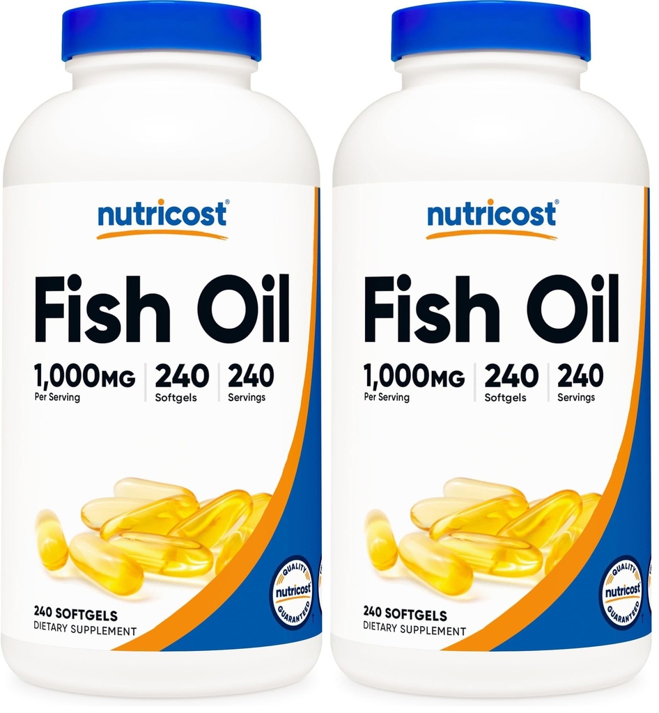 Ulei de pește Nutricost Omega 3 Softgels cu EPA & DHA (1000 mg ulei de pește, 560 mg Omega-3), 240 Softgels, non-GMO, Gluten Free. (Pachet de 2)