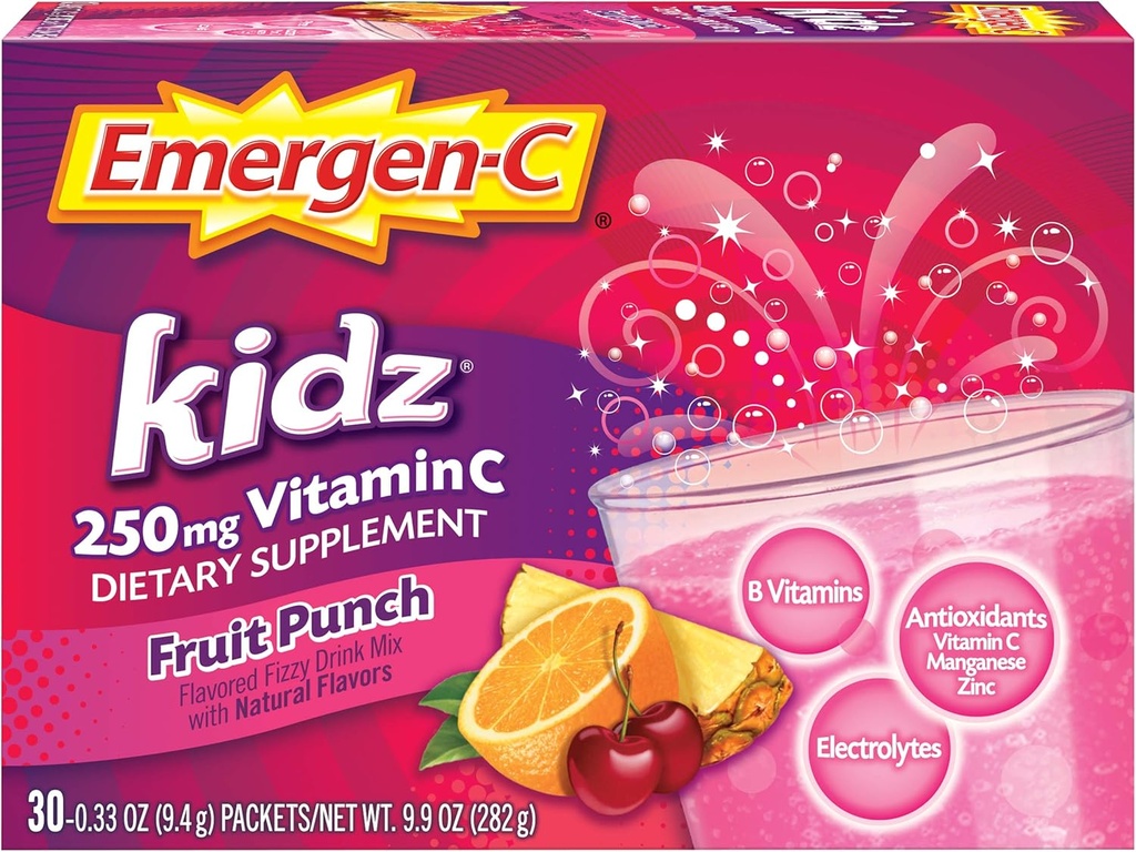 Emergen-C Kidz 250mg Kids Vitamina C pulbere, Cafeina gratuit, Immune Support Drink Mix, Fruit Punch Flavor - 30 Conte/1 lună de aprovizionare
