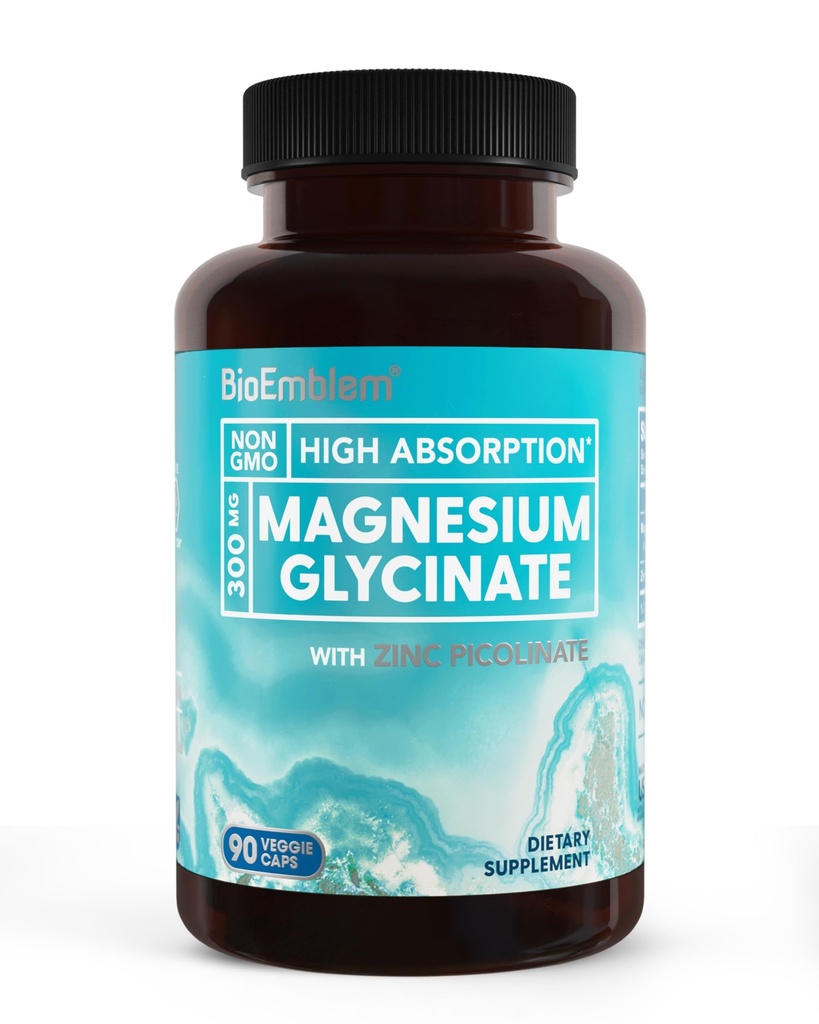 BioEmblem Magneziu Glicinat cu zinc - 300 mg Supliment de magneziu Chelated - mare absorbţie Vegan non-GMO 2-in-1 Complex - Suport imun, Muşchi, Nervi - 90 capsule