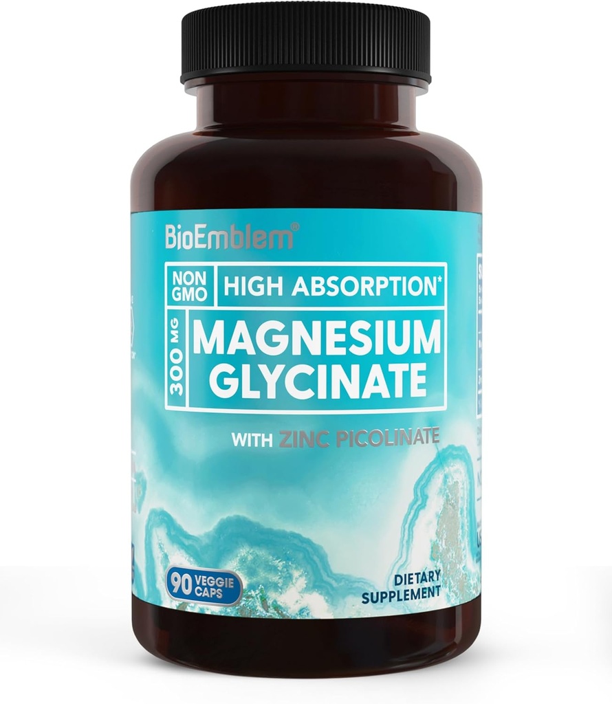 BioEmblem Magneziu Glicinat cu zinc - 300 mg Supliment de magneziu Chelated - mare absorbţie Vegan non-GMO 2-in-1 Complex - Suport imun, Muşchi, Nervi - 90 capsule