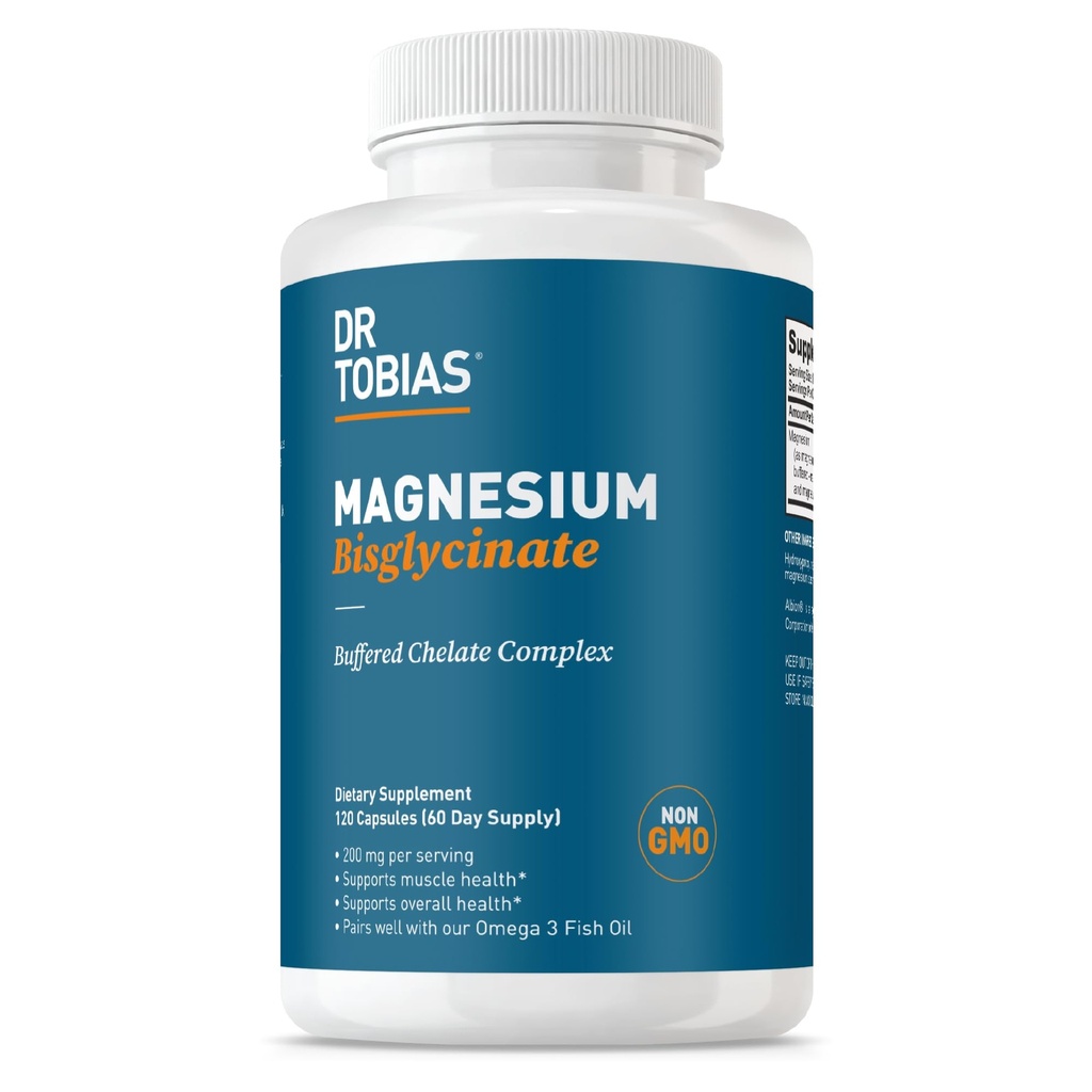 Dr. Tobias Magneziu Bisglicinat, Magneziu cu absorbţie mare Complex Chelate, 200 mg per capsulă, Sprijină Energia, Muschiul, Sănătatea osoasă şi articulară, Suplimentul de magneziu Non-GMO, 120 Capsule