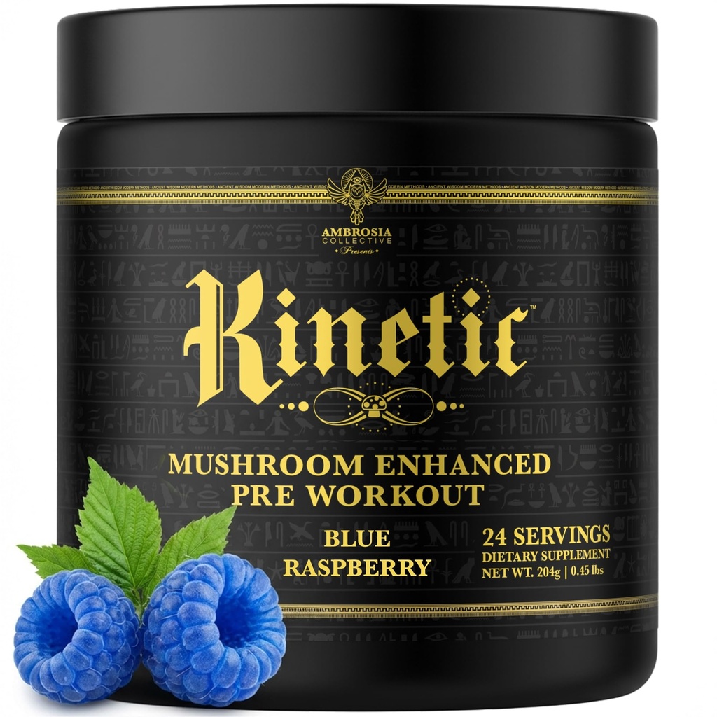 Ambrosia Kinetic Organic Preworkout, Mushroom Enhanced Natural Pre Workout Supliment, Nootropic Superfood pulbere pentru energie (Blue Raspberry)