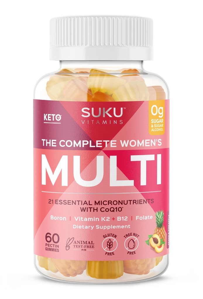 Vitamine SUKU - Femei complete Multi - cu Boron, Vitamina K2, B12, A și mai mult pentru femei Sănătate - Ușor de mestecat - non OMG, Gluten Sugar Free - Ananas & Peach Gummy Vitamine aroma, 60 Conte