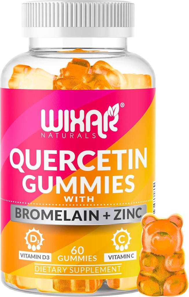 Quercetin Gummies - Quercetin 500 mg cu Bromelain, Zinc, Vitamina C&D3 - Querbetin Gummy Suplimente pentru Suport Imun si Alergie - Imunitate Booster Vitamine Supliment 