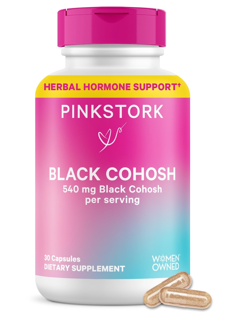 Pink Stork Black Cohosh Suplimente pentru femei - 540 mg Pure Black Cohosh pentru Perimenopauza, Menopause Support- 30 Capsule