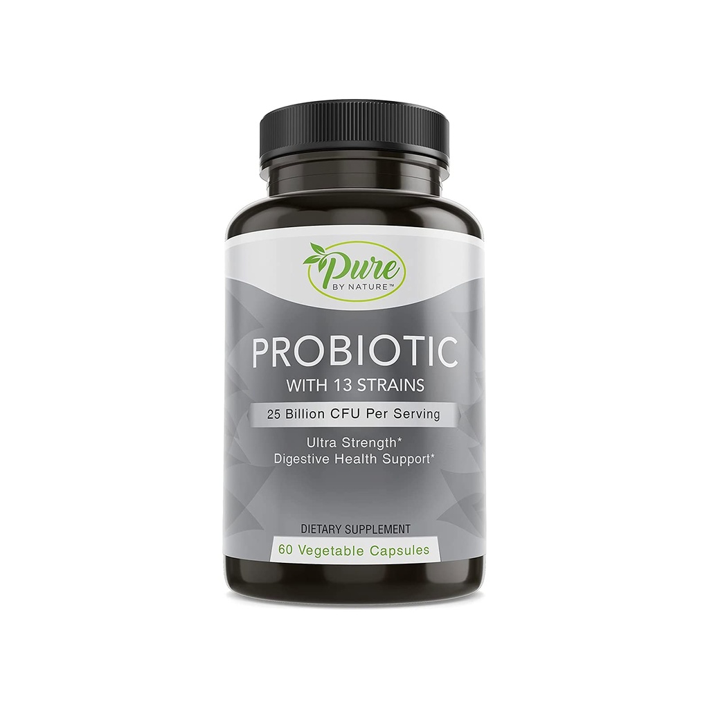 Pure De Probiotice Naturale pentru Femei & Bărbați, 13 Tulpini cu 25 Miliarde CFU, Probiotice pentru Sănătate Digestivă, Sănătate Gut, Suport Imun, Blooting & Constipație, Vegan & Perioada de valabilitate-Stabil, 60 Capsule