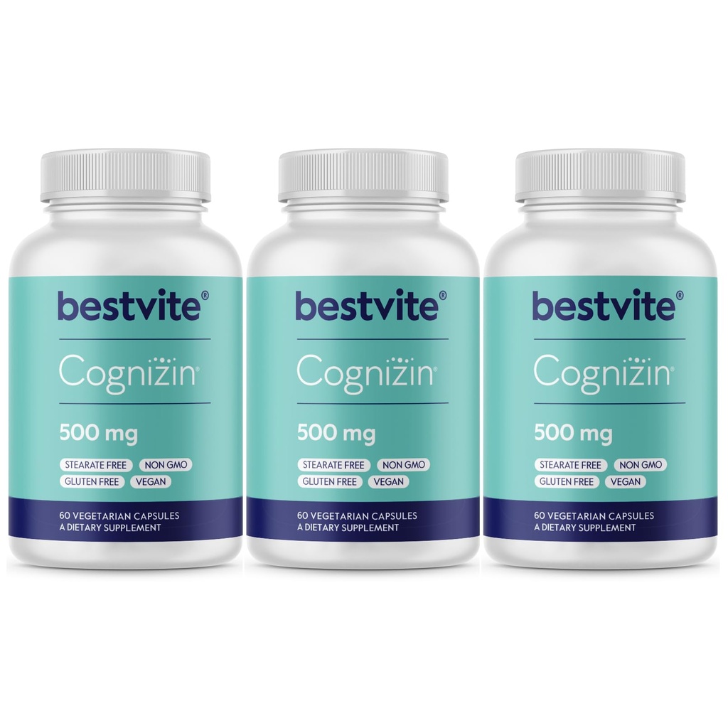 BESTVITE Cognizin Citicoline 500mg (180 capsule vegetariene) (60x3) - Studiat clinic Choline Nootropic Premium - Fără Stearete - Vegan - Gluten gratuit - Suplimente cerebrale pentru memorie și concentrare