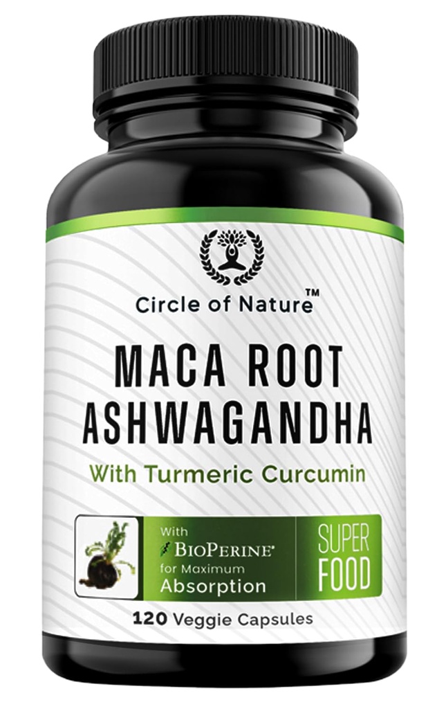 Maca Root, extract de rădăcină Ashwagandha, capsule pentru bărbaţi şi femei cu Curcumina Turmeric şi Bioperine 120 Capsule fabricate în SUA