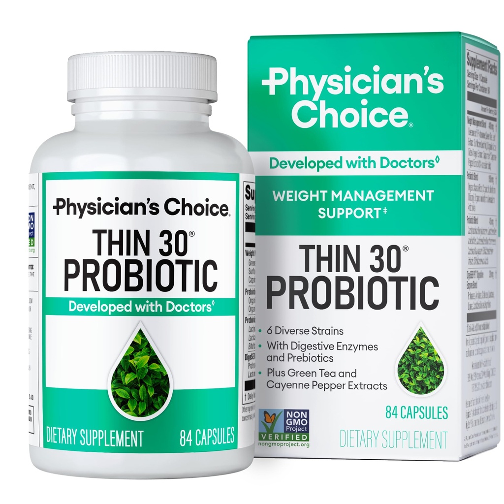 Medicului CHOICE Probiotice pentru managementul greutății și balonare - 6 tulpini probiotice - Prebiotice - ingredient cheie Cayenne - Sprijină Sănătatea gutei - Managementul greutății pentru femei și bărbați - Ceai verde - 84 CT
