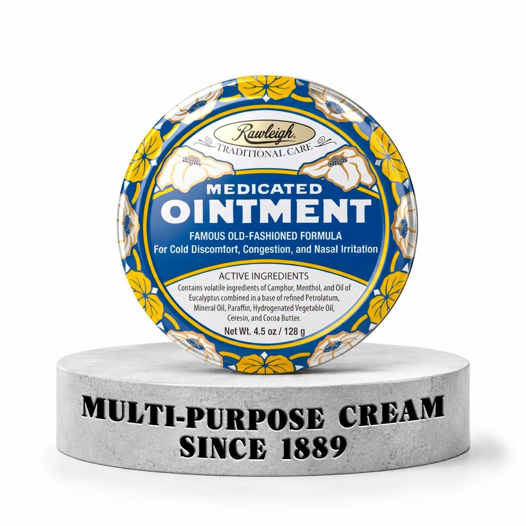 Rawleigh medicamentate Ointment: 4.5 oz Blue Tin, Adulți și copii: Topical Chest Rub pentru rece, Congestia nazală, Dureri minore și durere, cu Camphor, Mentol & Eucalipt, Formula non-Greasy - Pachet de 1