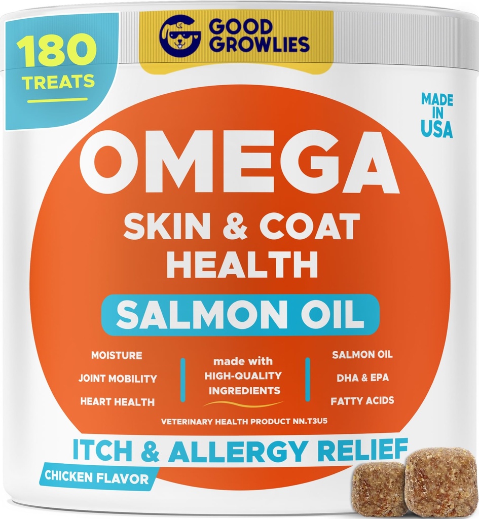 Omega 3 Ulei de pește pentru câini (180 Ct) - Chews piele și blană - Relief piele uscată și mâncărime + Suport alergie - Haine strălucitoare - Acid gras EPA&DHA - Chews ulei de somon naturale promovează inima, Hip & suport comun
