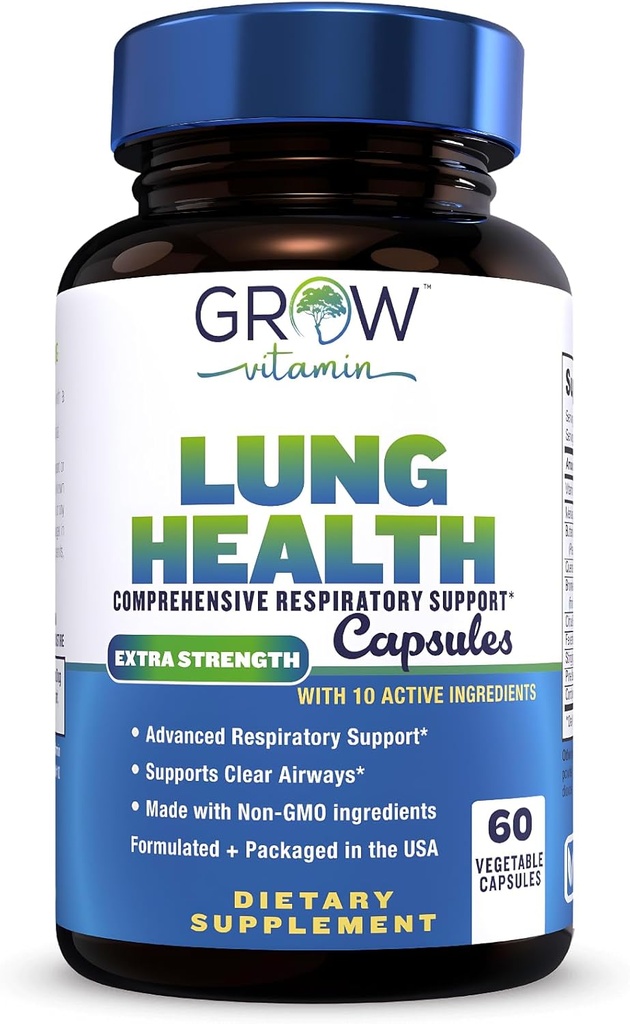 grow vitamin Lung Health, Respiratory Support Supplement, Lung Health Extra Strength Support, Lung Cleanse Formula with Vitamin C to Support Bronchial System, Breath Clear Airways - 60 Capsules