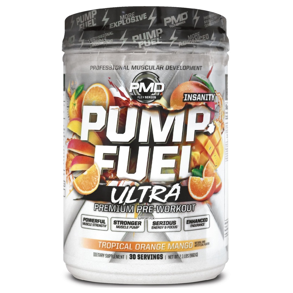 PDM Pompă de combustibil Sport Pump Ultra Nebunie - Premium Pre Workout pulbere și pompă musculară, Focus mai mare, Endurance & Recovery, Creatină Premium, Arginine & Beta Alanine, Tropical Orange Mango (30 Servings)