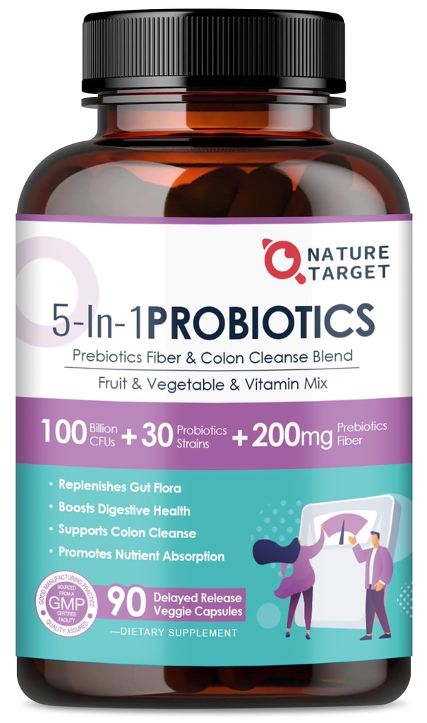 Natura Probioticele pentru femei-bărbați Digestive de sănătate, Mens-Womens Probiotic cu prebiotice, 100 Miliarde pentru curaj și sănătate imună, fără frigider, 90 Capsule vegetale (45 zile de aprovizionare)
