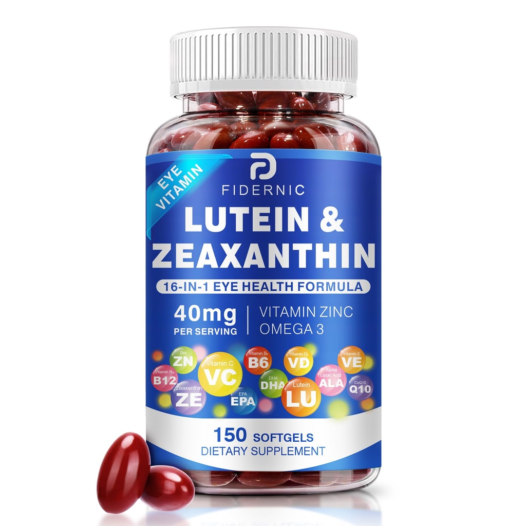Luteina şi Suplimentul Zeaxanthin - AREDS 2 Plus+ Vitamine oculare, 40 mg luteină & 8 mg Zeaxantină cu vitamine C, E, Zinc, Omega-3 & CoQ10 pentru protecţia luminii albastre, suport pentru sănătatea ochilor - 150 Softgels