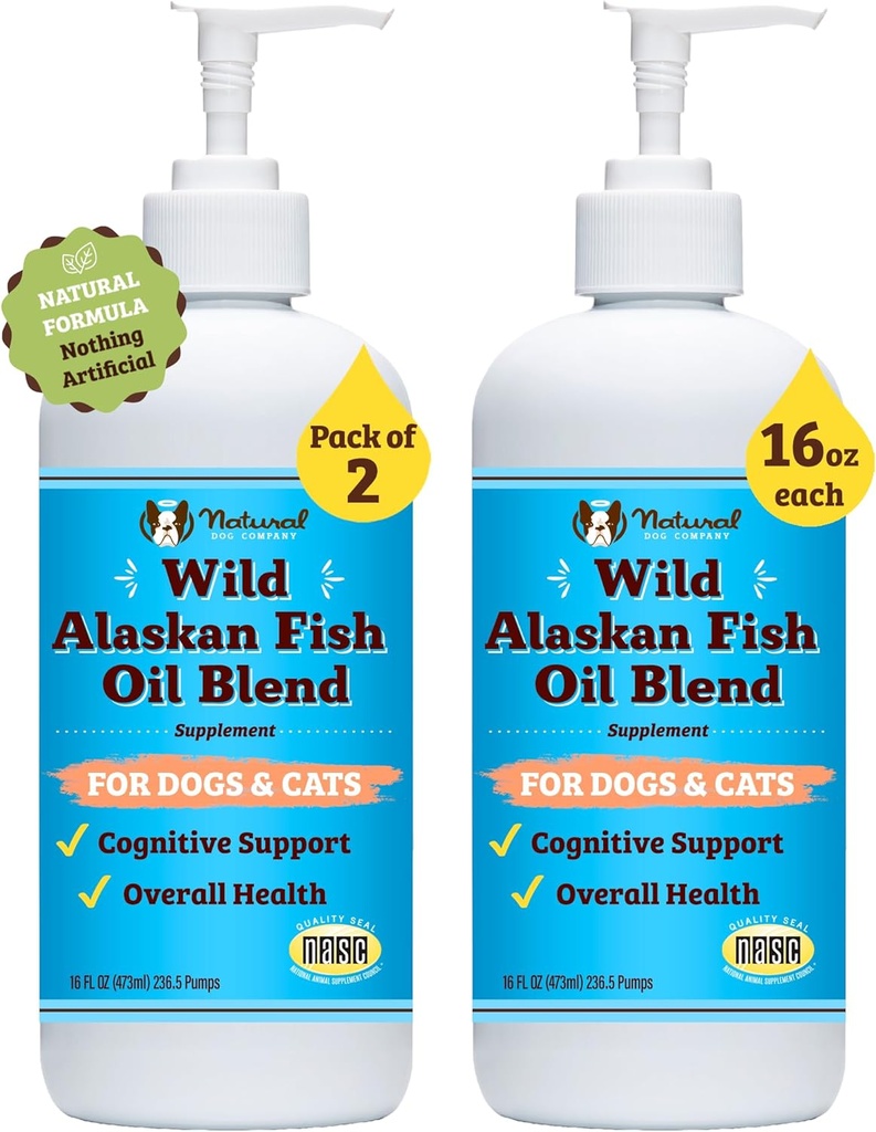 Natural Dog Company 2 Pack - 16 oz. Wild Alaskan Fish Oil for Dogs & Cats, Blend of Pollock & Wild Salmon Oil for Dogs, Omega 3 for Dogs, for Multi Dog Families, Large Breed Dogs, 32 oz. Value