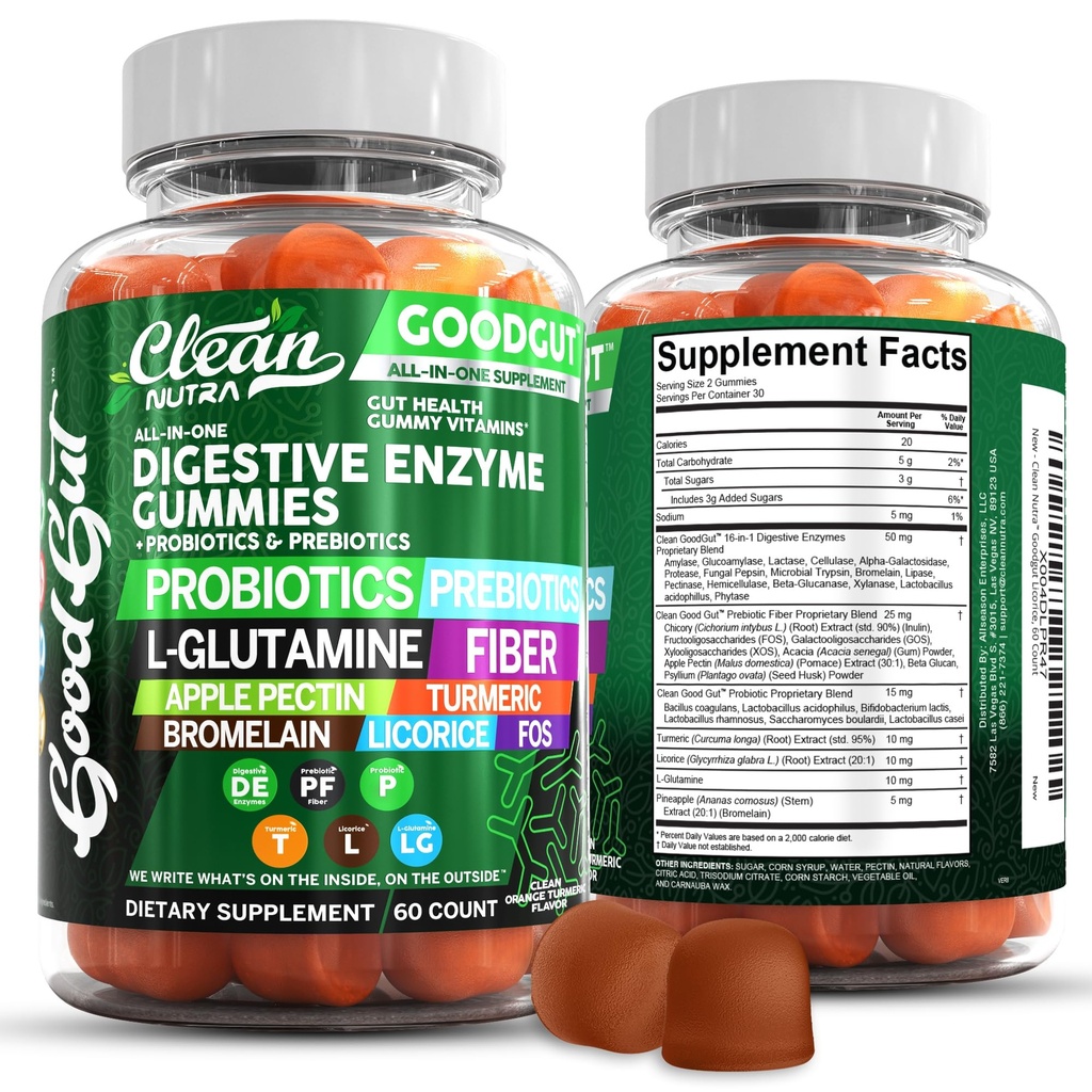 Clean Nutraceuticals Enzime digestive cu probiotice și prebiotice pentru gingii digestive de sănătate și L-glutamina pentru sănătatea gutei Bromelain Apple Pectin Inulin FOS plante pe bază de vitamine Vegan Gummy