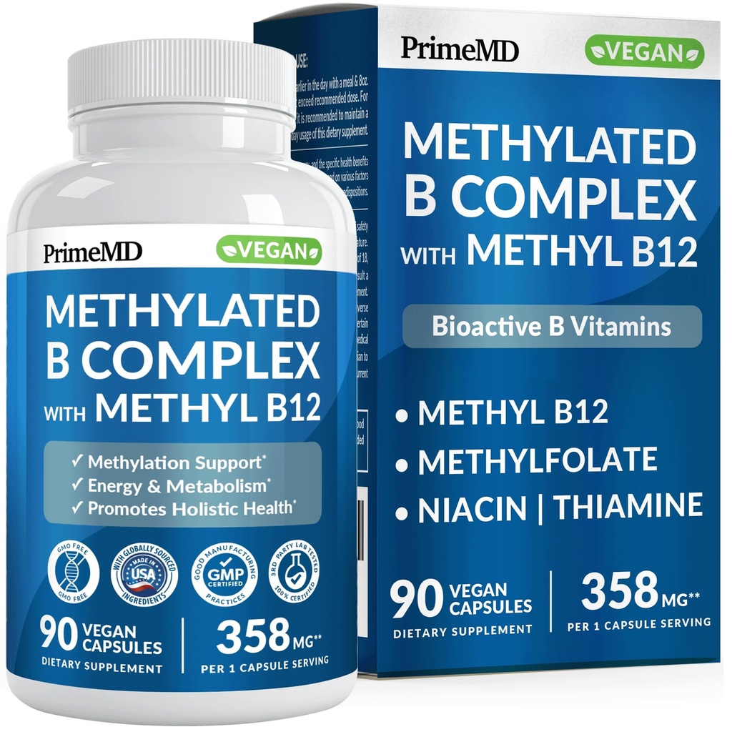 Complex B metilat cu metilfolat și B12 metilcobalamină 1000 mcg - Multivitamine metilate pentru energie, funcția creierului și Wellness - Complex vitamina B pentru bărbați și femei (90 Servings) (Pachet de 1)