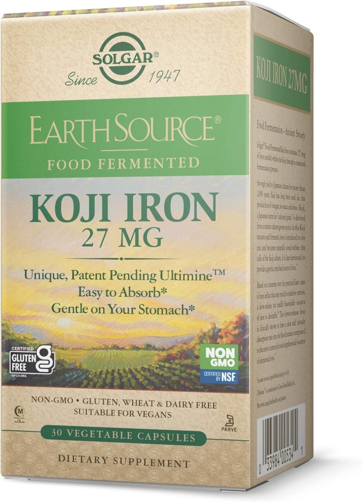 Solgar Earth Source Food Fermented Koji Iron 27mg, 30 Capsule vegetale - Absorbție mai mare, Slow-Release Fier - Blând pe stomac - non-GMO, Vegan, Gluten Free, Dairy Free, Kosher - 30 Servings