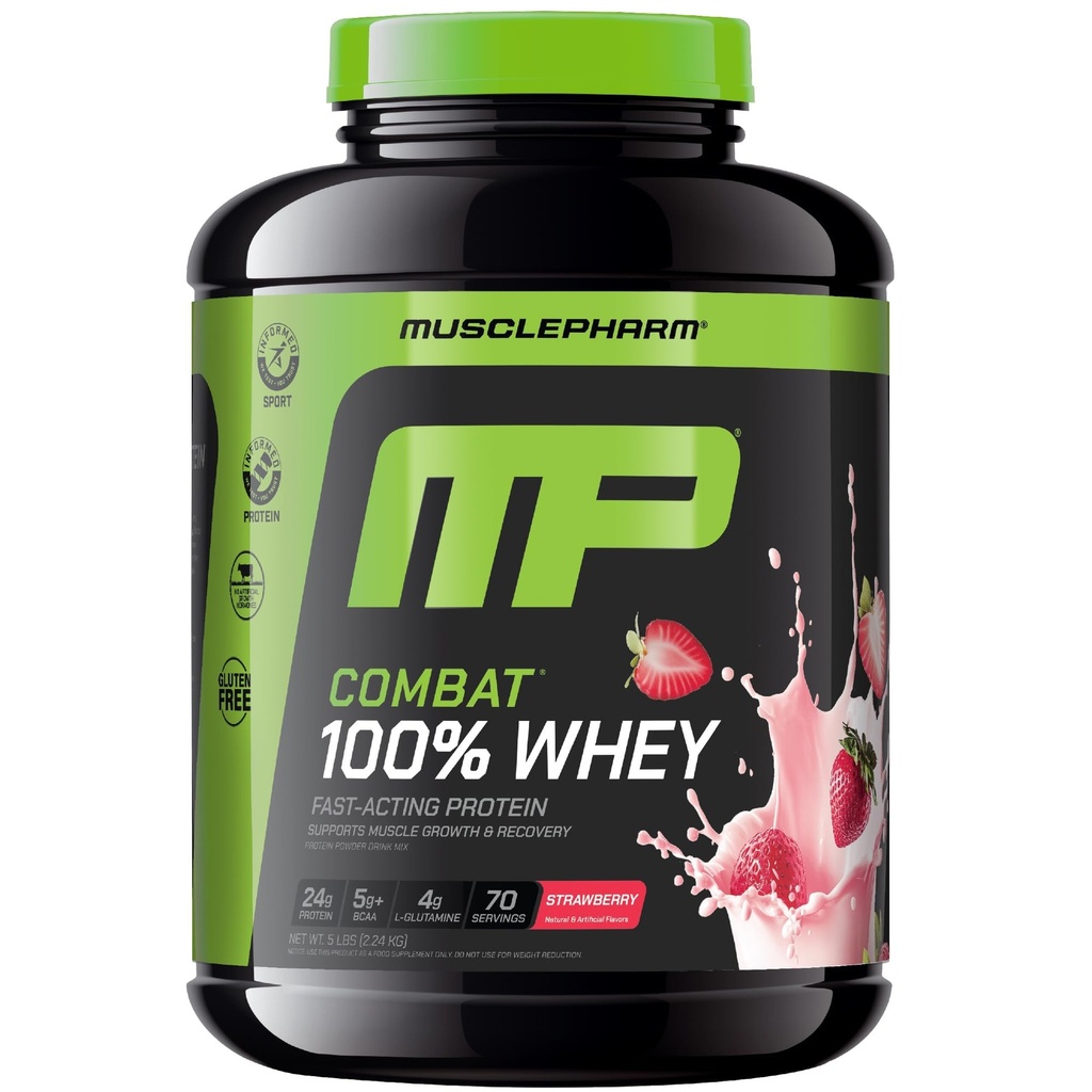 MusclePharm Combat 100% Whey Pulbere de proteine, Aroma de crema de căpșuni, Recuperare rapidă și musculare Câștigarea cu izolat de proteine Whey, Pulbere de proteine ridicate pentru femei și bărbați, Gluten gratuit, 5 lb, 70 Serviri