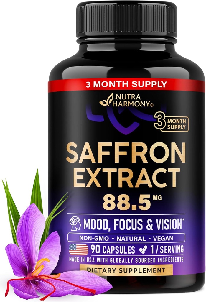 Natural Saffron Supplements - Pure Saffron Extract 88.5 mg - Made in USA - Mood | Focus | Vision | Energy Support - Eye Health for Women & Men - NonGMO Vegan Pills - 90 Powder Capsules, 3 Month Supply