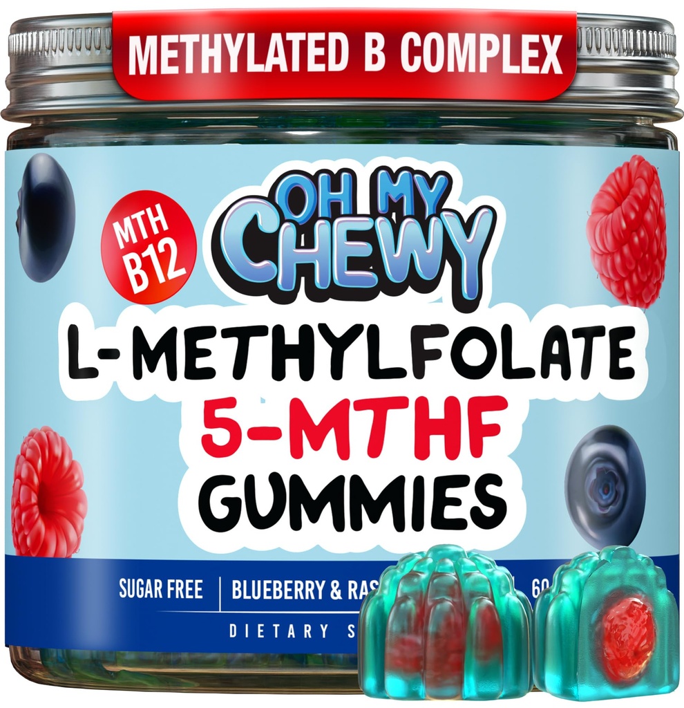 MY CHEWY Center-Filled 5-MTHF Folate L-Metilfolat Gumies - sugar-Free MTHFR Vitamine B Complex Suport cu metilat B1, B6 și B12 Cofactor - Mood, Comportament, Cognition - 60 Count