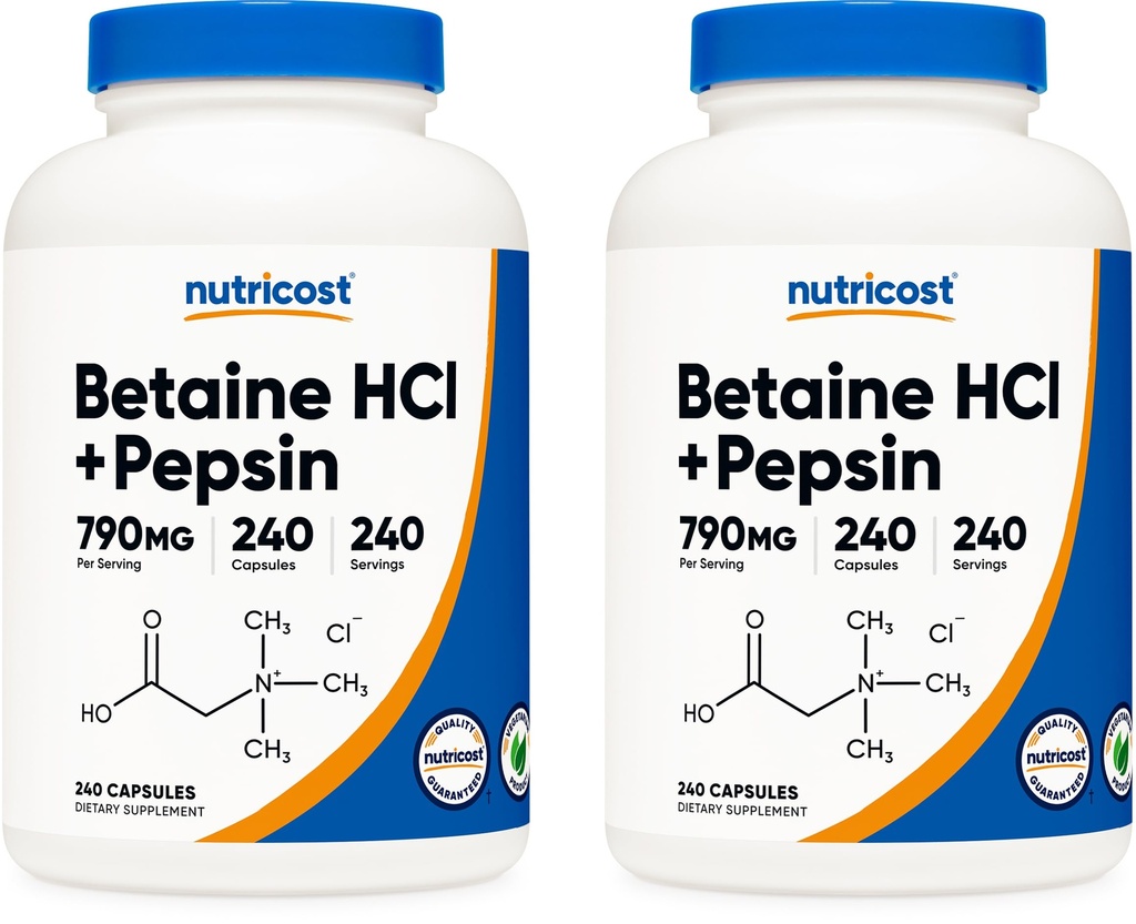 Nutricost Betaine HCl + Pepsin 790 mg, 240 capsule, 2 flacoane (480 capsule)