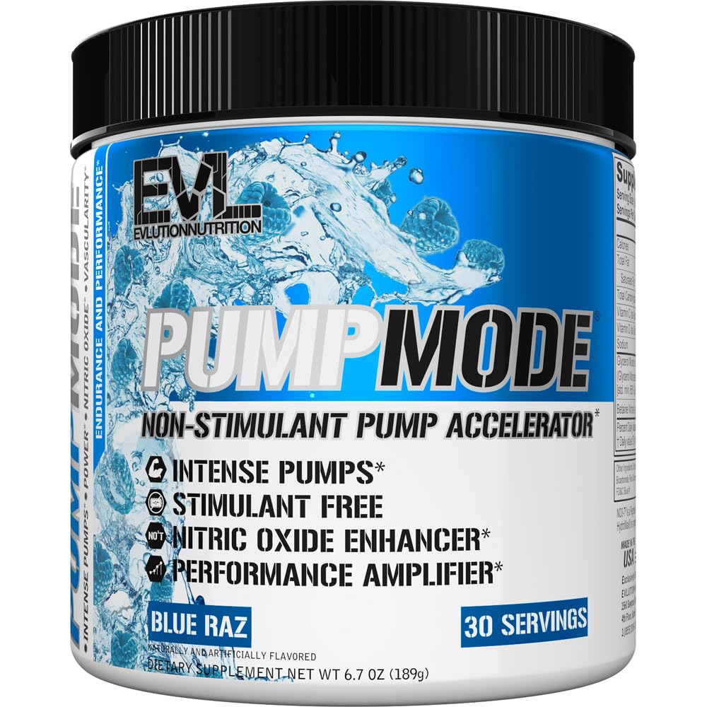 EVL PumpMode Oxid de azot - Pompă de oxid de azot Pre Praf de antrenament cu Glicerol și Betaină pentru Recuperare musculară și Perseverență - Stim Free Pre Workout Drink (Blue Raz)