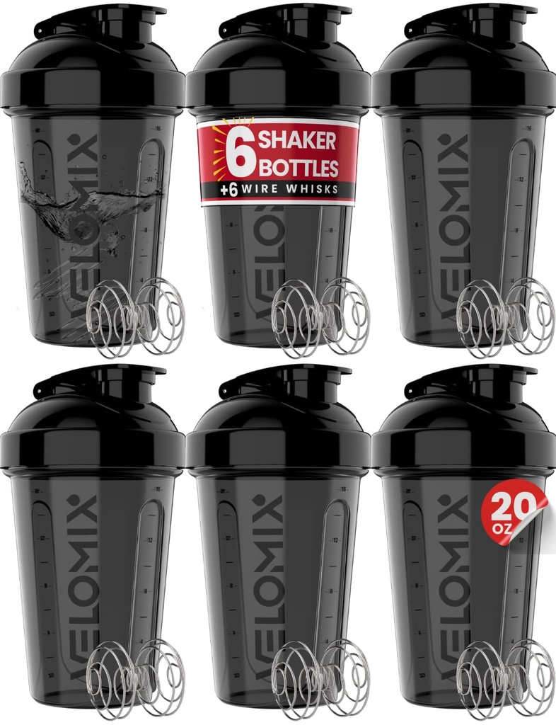 VELOMIX -6 PACK- Shaker Cups pentru Shakes Proteine 20 oz - 6x Wire Whisk 