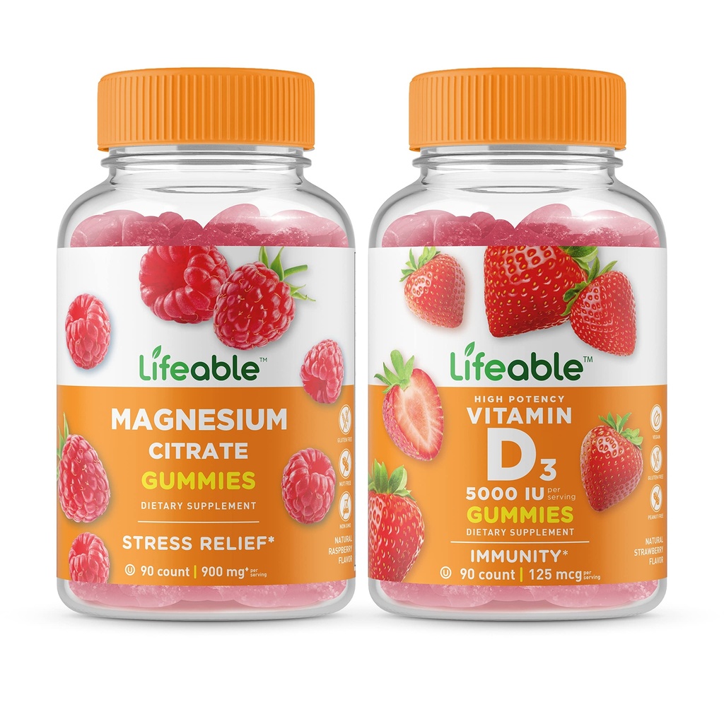 Magneziu durabil + vitamina D 5000 UI, Gummie Bundle - mare gustare, supliment de vitamine, gluten gratuit, OMG gratuit, guma de mestecat