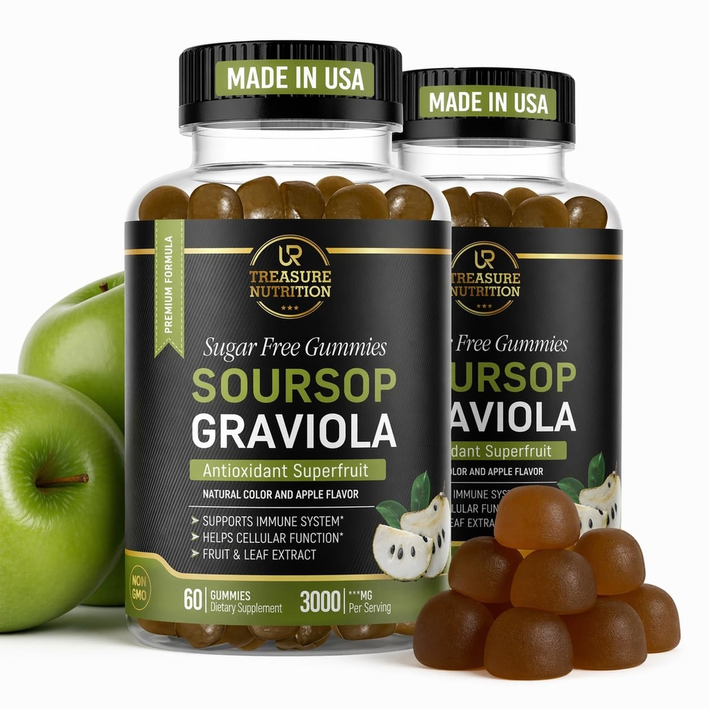 Frunze de Soursop & Soursop fructe Gumies - 3000mg Soursop extract - 2 Pack Graviola supliment - Soursop fructe si frunze - 120ct - Zahăr-grase - Gluten gratuit 