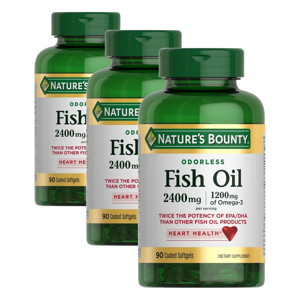 Nature's Bounty Odorless Fish Oil, 1200mg Omega-3 per Serving Inclusiv EPA & DHA, Supports Heart Health, Purified to Elimina Mercur, Coated Softgels, Gluten Free, No Shellfish, 90 Count, (Pachet de 3)