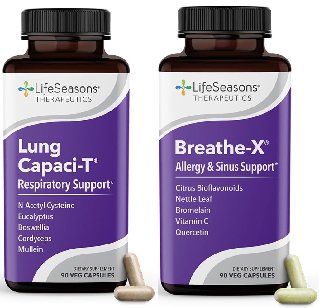 LifeSeasons Breathe-X cu Lung Capaci-T - Alergie și suport respirator - Relief sinus rapid acting - Crește capacitatea de oxigen și reduce Mucus - 180 capsule