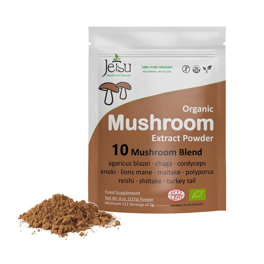 Praf extract de ciuperci - puternic 10 Blend, Organic Lions Mane, Cordyceps, Reishi, Shiitake, Turcia Tail ciuperci Nootrop Creier Supliment pentru energie, Calm, Focus & Imune System Booster