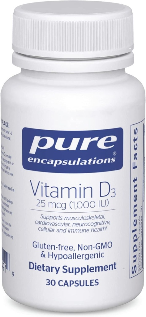 Încapsularea pură Vitamina D3 25 mcg (1000 UI) - Suplimentul pentru susţinerea oaselor, articulaţiilor, sânului, inimii, colonului şi sănătăţii imune - cu vitamina D Premium - 30 capsule